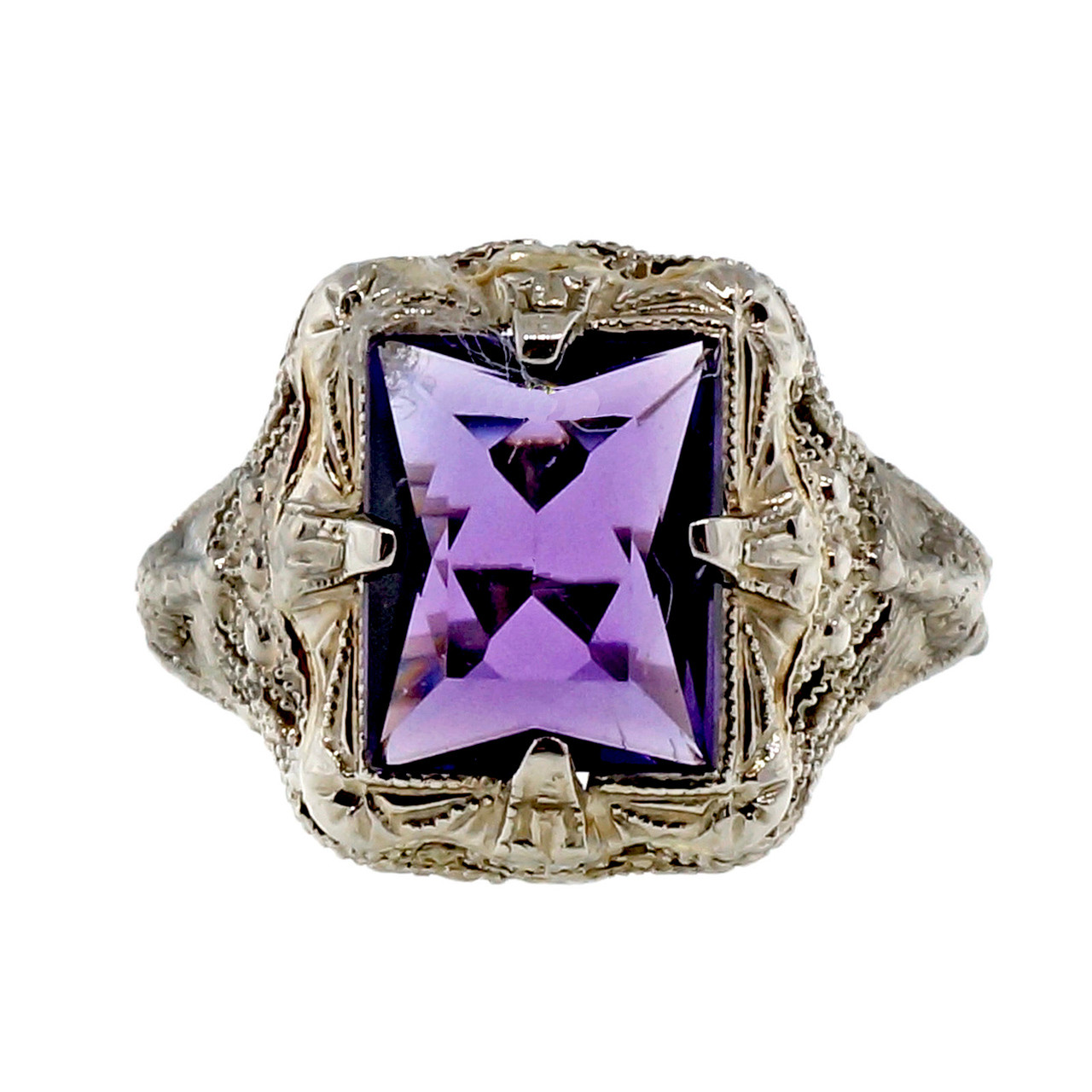 Art Deco 1920 Original 14k White Gold Filigree 1.11ct Amethyst Ring